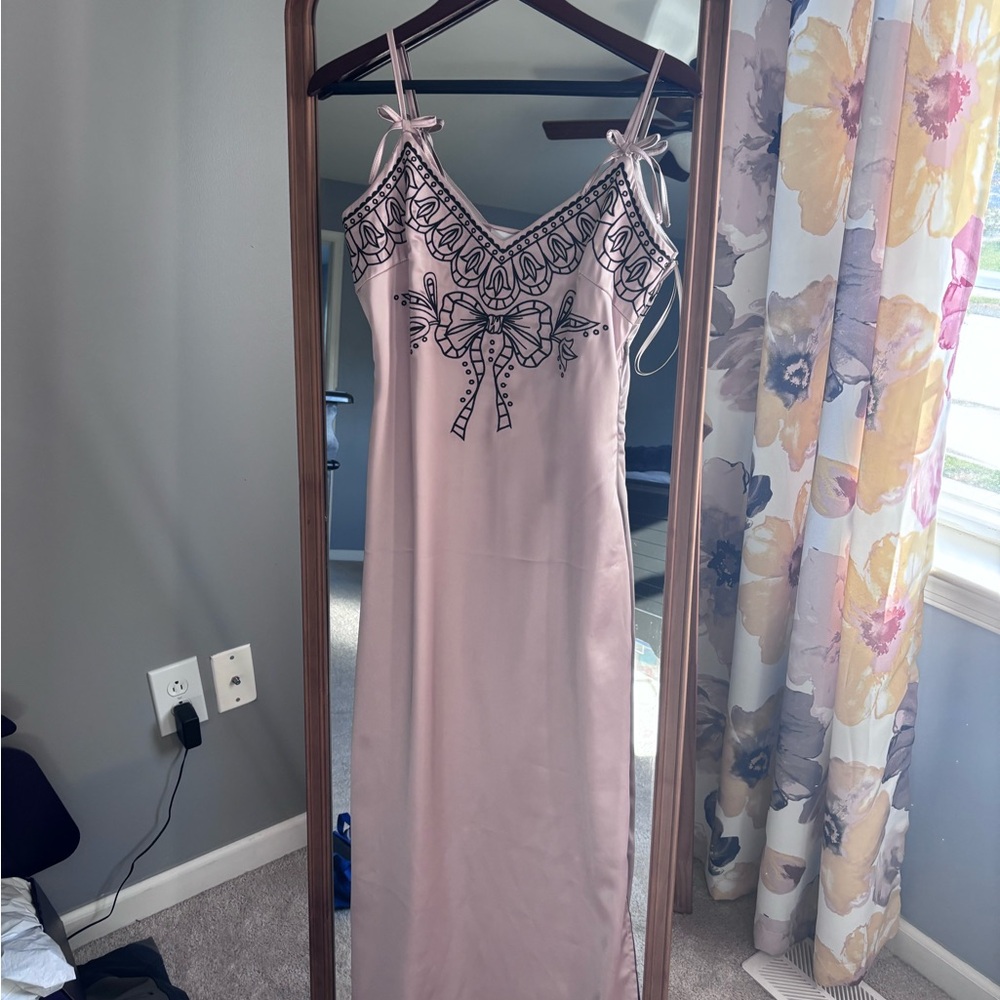 Chic Spaghetti Strap Wedding Guest Dress with Embroidered Detail